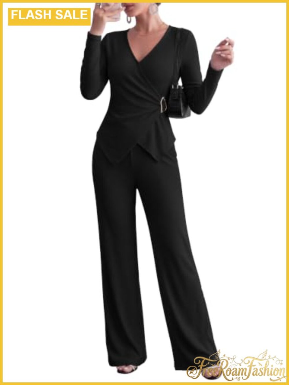 PRETTYGARDEN Women 2 Piece Lounge Set Wide Leg Pants Wrap V Neck Knit